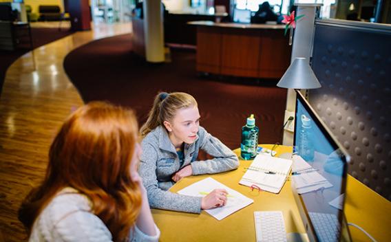 Two students looking at a desktop computer in Cox Hall.